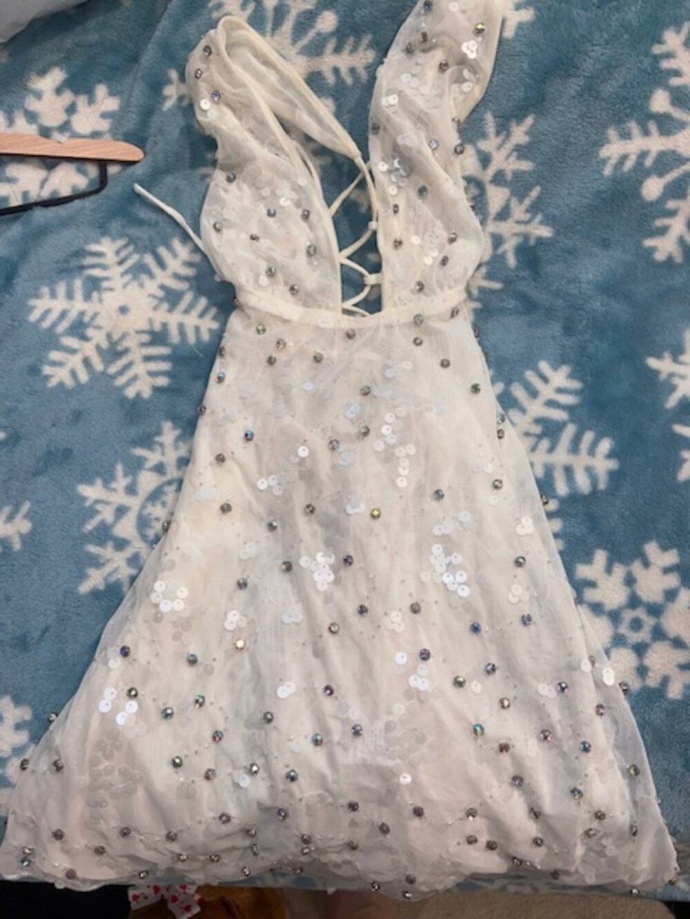white sheer sequin & embellished v neck mini dress